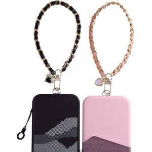KAL-Lanière De Dragonne À Main, Femmes Cuir Et Métal Charme De Téléphone, Dragonnes De Poignet Sangle Pour Téléphone Portable Caméra Clé Usb Portefeuille -Noir&Rose - Neuf