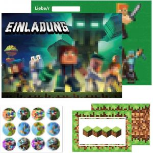 Trahoo-Lot De 12 Cartes D'invitation En Allemand, Motif De Pixel, Pour Anniversaire D'enfant Avec 12 Enveloppes, 12 Autocollants - Neuf