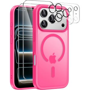 Magn&eacute;tique Coque Pour Iphone 17 Pro Max Avec 2 Verres Tremp&eacute;s Et 2 Cam&eacute;ra Protecteur, Compatible Magsafe Dos Anti Rayures &Eacute;tui Antichoc Tpu Bumper Housse 6,9"" -Rouge Rose - Neuf