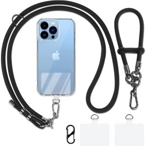 Kal-Cordon Antivol Lani&egrave;re Pour Telephone Portable En Bandouli&egrave;re, 2 Ajustable Cordon Tour De Cou & Dragonne Sangle Taille Chaine T&eacute;l&eacute;phone Pour Femme Et Homme Pour Tous Les Smartphones, Noir - Neuf