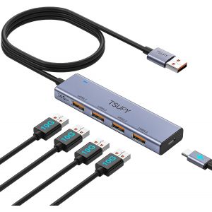 Hub USB 3.2 Gen 2, Data Hub USB 3.2 avec Câble de 120cm de Long, 4 Ports USB 3.2 Gen2 avec 1 Port Type-C pour Alimentation, Compatible avec PC, Macbook Pro, Macbook Air, iMac, Surface Pro 3,iPad - Neuf