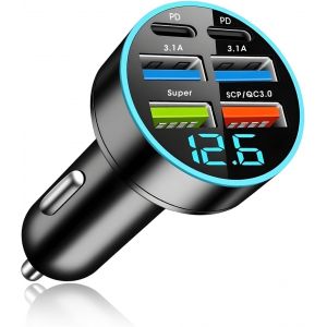 JGD-66W Chargeur de Voiture USB Allume Cigare, Adaptateur Prise avec 6 Ports [2PD+2USB-A 3.1A+1Super+1SCP/QC3.0], Charge Rapide 12V-24V Voltm&egrave;tre LED pour Android/I-Phone/Samsung/Tablette/Smartphone - Neuf