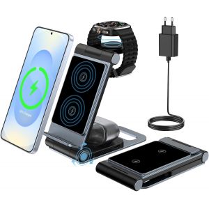 3En 1 Chargeur Induction Pour Samsung Galaxy S25 Ultra Plus S24 Ultra S23 Ultra S22 Ultra Z Flip Z Fold 7 6 5 4 Pour Galaxy Watch 8/Ultra/7/6/Classic/5/Pro/4 Pour Galaxy Buds & Adaptateur 20W Pliabl - Neuf