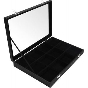 Rangement Bijoux En Velour Noir Avec 12 Sections & Couvercle En Verre - Plateau Bijoux Feutre Avec Compartiments Ajustables - Rangement Boucle Doreille, Bagues, Colliers & Bracelets - Neuf