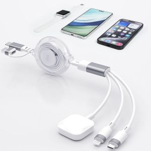 wwp-3 en 2 Cable Multi USB Rétractable, 1.2M Chargeur Magnétique pour Apple Watch Cable USB Multi Embout avec Lighting/USB C pour iPhone 16/15 Galaxy S24 S23 Huawei P60 P50 - Neuf