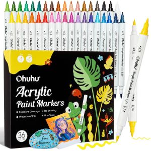 Meimie-Stylos De Peinture Acrylique,36 Couleurs À Double Pointe(Fine Et Pinceau)Stylos Acryliques-Imperméables Et Résistants À La Lumière Pour Pierre,?Ufs,Bois,Verre,Céramique,Toile - Neuf