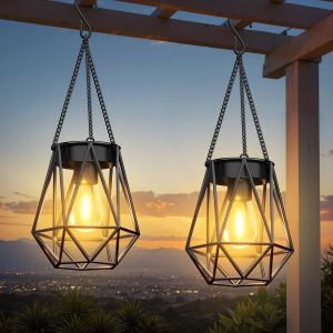 Lot de 2 lanternes solaires de jardin &agrave; suspendre en m&eacute;tal pour l'ext&eacute;rieur avec ampoule LED, IP65 &eacute;tanche pour l'ext&eacute;rieur, No&euml;l, Halloween, terrasse, pelouse, balcon, cour - Neuf