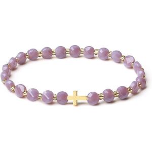 Eryi-Bracelet Original Fait Main Pour Femme En Cristal De 6mm Stretch Pierres Semi-Précieuses Facettées Design Croix Plaqué Or 18k Bijoux Femme - Neuf