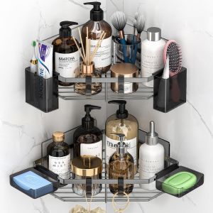 Étagère de douche d'angle autocollante avec porte-savon,étagère de douche en acier inoxydable,étagères de salle de bain sans perçage,étagère de rangement pour salle de bain avec crochets pour - Neuf