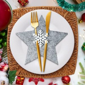 KALANKA-Porte Couverts en Feutre de Noël, 12 Pièces Sac à Couverts Étoile de Noël Paniers à Couverts Noël, Gris Couteaux Fourchettes Cuillères Vaisselle Sacs à Couverts pour Table de Fête Décoration - Neuf