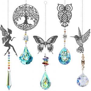 5 pi&egrave;ces pendaison d&eacute;corative en cristal chatoyant - oiseau, papillon, arbre, hibou et f&eacute;e - d&eacute;coration d'int&eacute;rieur/ext&eacute;rieur pour fen&ecirc;tres, jardins, murs ou balcons - 12,6 x 12,2 x 4,5 cm - Neuf