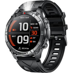 Montre Connectée Homme Sport Smartwatch: 1.52" Ronde Militaire Smart Watch Avec Appels Bluetooth Lecteur De Fréquence Cardiaque Spo2 Lampe De Poche Led Étanche Ip68 Fitness Tracker Pour Ios Android - Neuf