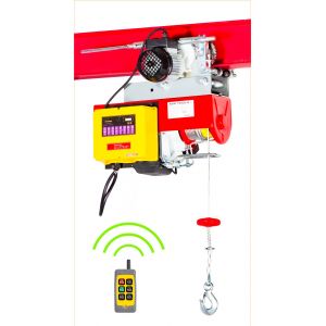 Palan &eacute;lectrique &agrave; c&acirc;ble 500/1000kg 18/9m 1,6 kW 230 V avec chariot motoris&eacute; t&eacute;l&eacute;commande SANS fil MW Tools TH500-R - Neuf