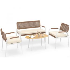 Ensemble Mobilier De Patio 4 Pi&egrave;ces Costway, Canap&eacute; 2 Places En Rotin Pe, 2 Fauteuils Avec Coussins Doux, Table En Verre Tremp&eacute; - Neuf