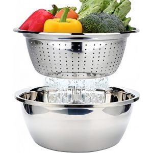 Jexnovashop-Edelstahl Seiher Und Sch&uuml;sselset Passoire Inox 2 Pi&egrave;ces Passoire Avec Bol De Cuisine En Acier Inoxydable Saladier Passoire Pour Riz L&eacute;gumes Salade Fruits Nouilles Bol Empilable &Oslash; 26 Cm - Neuf