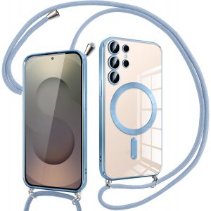 Eryi-Coque Pour Samsung Galaxy S25 Ultra 5g Avec Cordon, Compatible Avec Magsafe, Transparent Silicone Mince Housse Avec Réglable Collier, Antichoc Protection Magnétique Housse, Bandoulière-Bleu - Neuf