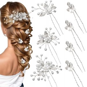 Kalanka-6 Pi&egrave;ces &Eacute;pingles &Agrave; Cheveux De Mari&eacute;e Argent Feuilles Perles Cristal Vintage Accessoires Cheveux Pour Mariage Bijoux Avec Strass Pour Mari&eacute;es Demoiselles D'honneur Filles D'honneur (4 Styles) - Neuf