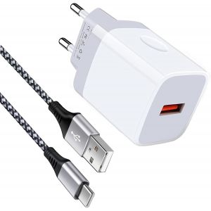 Kal-Chargeur Usb Rapide Quick Charge 3.0 18 W Avec Câble De Charge Usb C 1 M, Prise Usb Pour Samsung Galaxy S22/S21/S20/S10/S9/S8/A51/A52/Z Flip 3/Z Fold 3, Huawei - Neuf