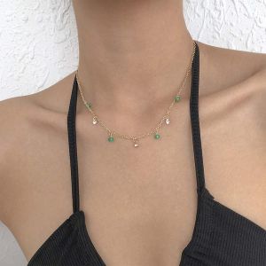 Kal-Boho Cz Dangle Collier Ras Du Cou Collier De Perles De Cristal Vert Minimaliste Strass Collier Ras Du Cou Petit Collier En Pierre Naturelle Chaîne Bijoux Pour Femme Et Fille - Neuf