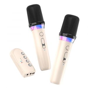 Karaok&eacute; Compagnon Bluetooth 5.3 Microphone &agrave; boe mobile sans fil RVB Lumi&egrave;re color&eacute;e KTV DSP Syst&egrave;me de mixage AUX,Beige With 2 MIC - Neuf