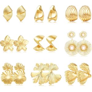 9paires Boucle D'oreille Clip Plaqu&iquest;&iquest; Or Pour Femmes Non Perc&iquest;&iquest;E Pendante Grande Boucle D'oreille Feuille G&iquest;&iquest;Om&iquest;&iquest;Trie De Ensemble - Neuf