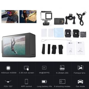 Camera d'action sportive View 1S 4K Ultra HD avec ecran tactile 2,35 pouces, etanche a 30 m et anti-vibrations (noire) - Neuf