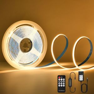 Ruban Led Cob 5m,3000k 24v Cob Ruban Led Blanc Chaud,Avec Télécommande/ Ip30 Étanch/ 1600 Led/Largeur 8mm,Découpable Dimmable Bande Led Pour Chambre,Décoration De La Maison - Neuf