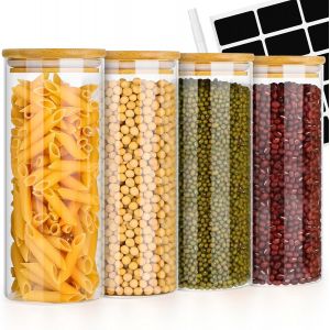 Jexnovashop-Bocaux En Verre - Lot De 4 Bocal En Verre Avec Couvercle En Bambou - Bocaux Rangement Cuisine - Pot En Verre Avec Couvercle Pour P&acirc;tes, C&eacute;r&eacute;ales, Th&eacute;, Haricots (900ml&times;4) - Neuf