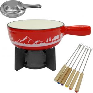 Subzonal-686949 Service &Agrave; Fondue Savoyarde Pour 4 Personnes, Fondue Bourguignonne, 1 Caelon, 1 Po&ecirc;le, 1 Br&ucirc;leur 6 Fourchettes, Fonte &Eacute;maill&eacute;e, Acier Inoxydable, Bois, Rouge, Diam&egrave;tre 21 Cm, 1,8 L - Neuf