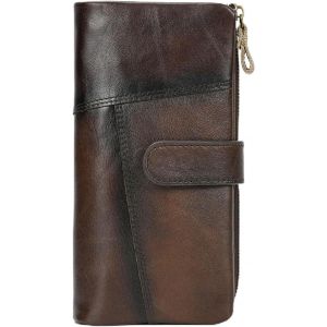 Portefeuille Long En Cuir V&eacute;ritable Pour Homme Avec Plusieurs Emplacements Pour Cartes,Porte-Monnaie Vintage,Caf&eacute; - Neuf