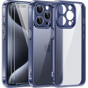AEFJ-3 en 1 Coque Compatible avec iPhone 15 Pro 6.1 Pouces avec 2 Pi&egrave;ces Verre Tremp&eacute;, [Anti-Jaune] [Conception de Cam&eacute;ra Protection] Transparente &Eacute;tui Antichoc Housse-Bleu - Neuf