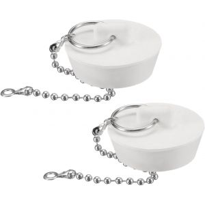 SJZG-2Pcs Bouchons De Baignoire En Caoutchouc, 1-3/8"" À 1-1/2"" Bouchon D'Évier De Cuisine, Bouchon De Vidange De Salle De Bain Avec Anneau De Traction Et Chaîne Perlée De 15"", Blanc - Neuf