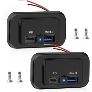 Lot de 2 adaptateurs de chargeur de voiture double USB QC 3.0 et PD Type-C double port USB 12 V-24 V avec couvercle &agrave; ressort pour camping-car, bateau, caravane, marine - Neuf