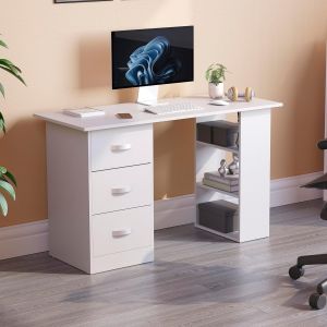Yemaesre-Mason Bureau D'ordinateur Avec Étagères Et 3 Tiroirs, Table De Jeu Pour Ordinateur Portable, Poste De Travail D'étude, Meuble Blanc - Neuf
