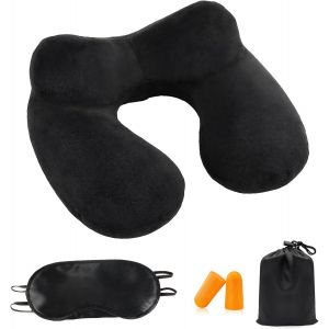 Oreiller De Voyage Gonflable - Coussin Ergonomique Pour Nuque Avec Housse En Velours Lavable, Masque Et Bouchons D'oreilles Inclus - Neuf