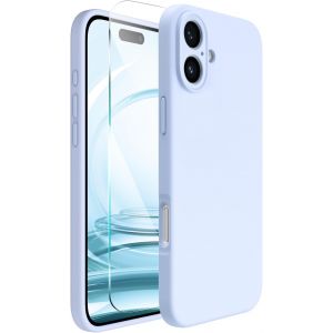 Pour Iphone 16 Coque, Cover Silicone Liquide De Haute Qualit&eacute; Pour Iphone 16 (6.1"") Avec 1 Verre Tremp&eacute;, Protection 360&deg;, Doublure En Microfibre Antichoc Case - Bleu Ciel - Neuf