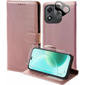 Kal-Coque Pour Honor 400 Lite 5g Avec Verre Trempé Et Caméra Protecteur, Etui Protection Housse Premium En Cuir Pu,[Rfid Blocage] [Emplacements Cartes] Magnétique Flip Wallet Case - Rose - Neuf