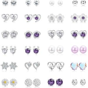 Kal-24 Paires De Boucles D'oreilles En Argent 925 Sterling Boucles D'oreilles En Zirconium Perle Cristal En Forme De Coeur Boucles D'oreilles En Forme De Fleur Cz Bijoux Pour Femmes Filles - Neuf