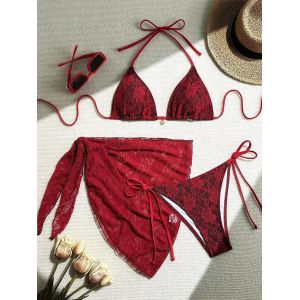 Maillot De Bain 3 Pièces En Dentelle Et Maille, Paréo, Col Licou, Coupe Haute, Pour Femme - Neuf