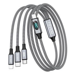 Thef-100w Câble Chargeur Multi Embout Usb C [2m] Schnellladekabel Mit Led 3 In 1 Ladekabel [100w]+Usb C Vers Lightning[27w]+Usbc Vers Micro[10w] Pour Iphone 16/15/14, Galaxy, Pad Pro/Mini, Macbook - Neuf