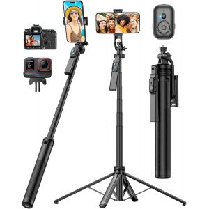 Selfie Stick And Tripod Iphone:180cm Perche A Selfie T&eacute;lescopique 7 Sections Avec Poign&eacute;e 360&deg;Pour Iphone 15 Pro Max/S24 Ultra/Gopro 12/Cam&eacute;ra Cr&eacute;ateurs Voyage - Neuf