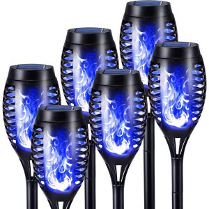 Lumiere Flamme Solaire Exterieure 6 Pack Etanche Lampe Torche Solaire, Lampes Solaires &Agrave; Flamme Vacillante Bleu Pour D&eacute;coration Halloween Jardin, Patio, Chemins, Pelouse - Neuf