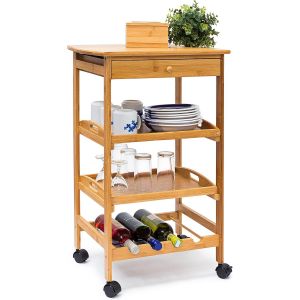 Ulteronixshop-Desserte de cuisine JAMES L en bambou avec 4 roulettes tiroirs chariot rangement pour assiettes bouteilles vin HxlxP: 80,5 x 50 x 37 cm &icirc;lot avec 2 tablettes, nature - Neuf