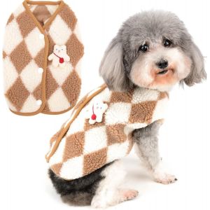 Kalanka-Manteau D'hiver Pour Petits Chiens Pull En Polaire Doux Et Chaud V&ecirc;tement Duveteux Manteau Pelucheux &Agrave; Carreaux Temps Froid V&ecirc;tement Pour Animal De Compagnie Chihuahua Yorkshire Chats Marron - Neuf