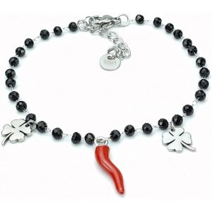 Eryi-Bracelet Femme Corne Rouge Porte-Bonheur Quadrifoglio Cristaux Acier, 20.5 Centimeters, Acier Inoxydable - Neuf
