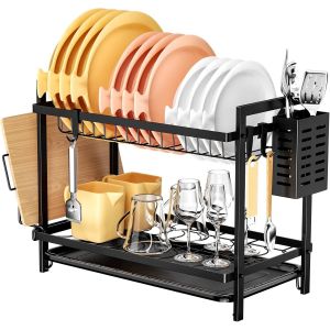 MEVRONISSHOP-gouttoir Vaisselle Cuisine &agrave; 2 Niveaux, Noir, sur Evier, avec bac R&eacute;cup&eacute;ration Amovible et Porte-Couverts - Neuf