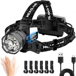 Lampe Frontale Led Ultra Puissante 90000 Lumens Rechargeable Usb-C Lampe Frontale 9000mah, 7 Modes Et Capteur Lampe Torche 150&deg; R&eacute;glable Ipx7 &Eacute;tanche Pour Camping Randonn&eacute;e P&ecirc;che - Neuf