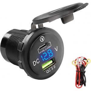 Prise USB de voiture 12 V-24 V USB/Type C Sortie PD & QC 3.0 Chargeur de voiture rapide 38 W &eacute;tanche avec voltm&egrave;tre LED pour v&eacute;hicules,bateaux,SUV,camping-cars,motos - Neuf