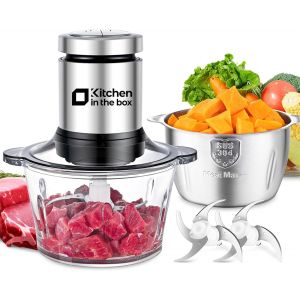 Ulteronixshop-Kitchen in the Box Hachoir &Eacute;lectrique 400W, Hachoir &agrave; Viande avec 2 Bols (Verre 2L + Inox 2L), 2 Lames Bi-niveau, Mixeur hachoir, L&eacute;gumes, Oignons, Fruits - Neuf