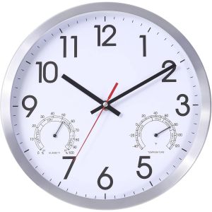 ChenQuanSarl-Horloge Murale De 30,5 Cm Avec Temp&eacute;rature Et Humidit&eacute;, Horloges Murales Avec Cadre En Aluminium Argent&eacute;, Mouvement Silencieux, Horloges Pr&eacute;c s, D&eacute;coration Pour La Maison, Le Jardin, La - Neuf
